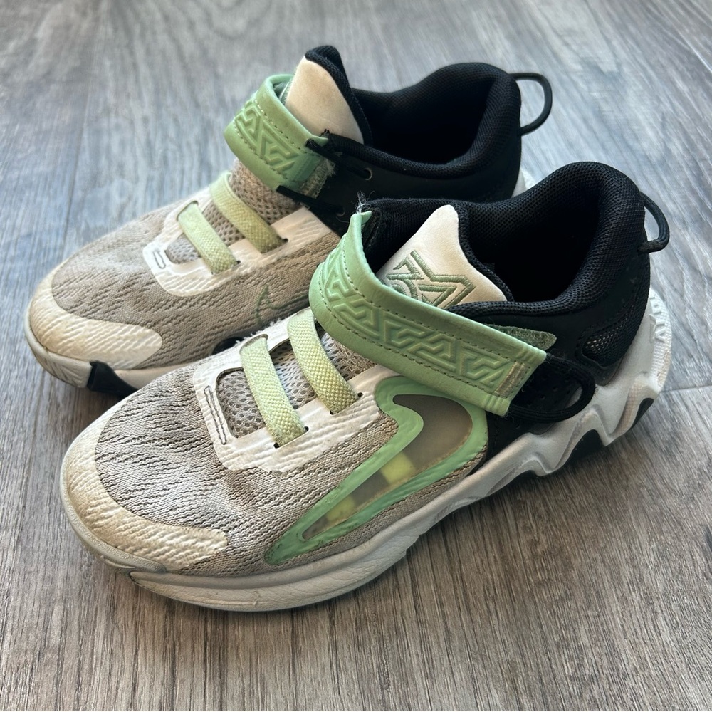 Kids Athletic Shoes - Green and Black stretchy laces and Velcro strap